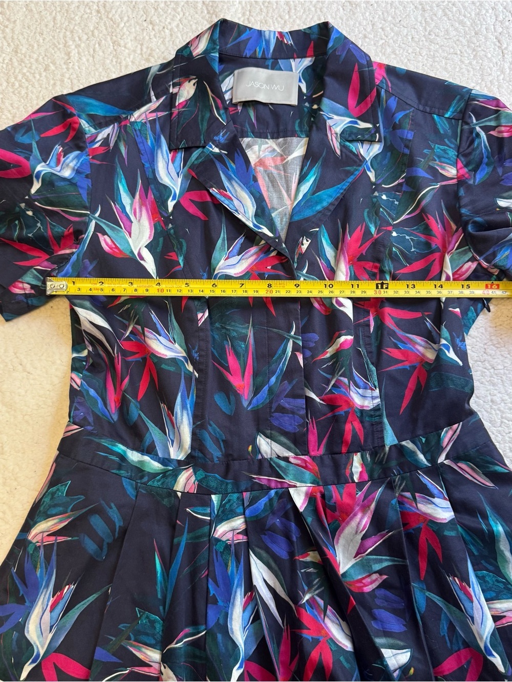 Jason Wu Navy Tropical Bird of Paradise Shirt Dress Size 8 Medium - Picture 6 of 9